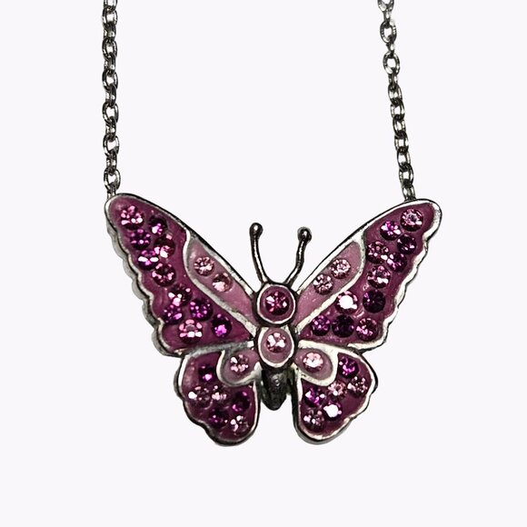 Elegant Pink Gem Butterfly Pendant Necklace Silver Tone Chain Fashion Jewelry - Picture 3 of 7